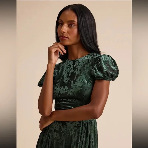 ❤️‍🔥BOGO FREE Lulu’s Arlie Emerald Green Velvet Puff Sleeve Midi Dress XL Velour - Picture 2 of 4